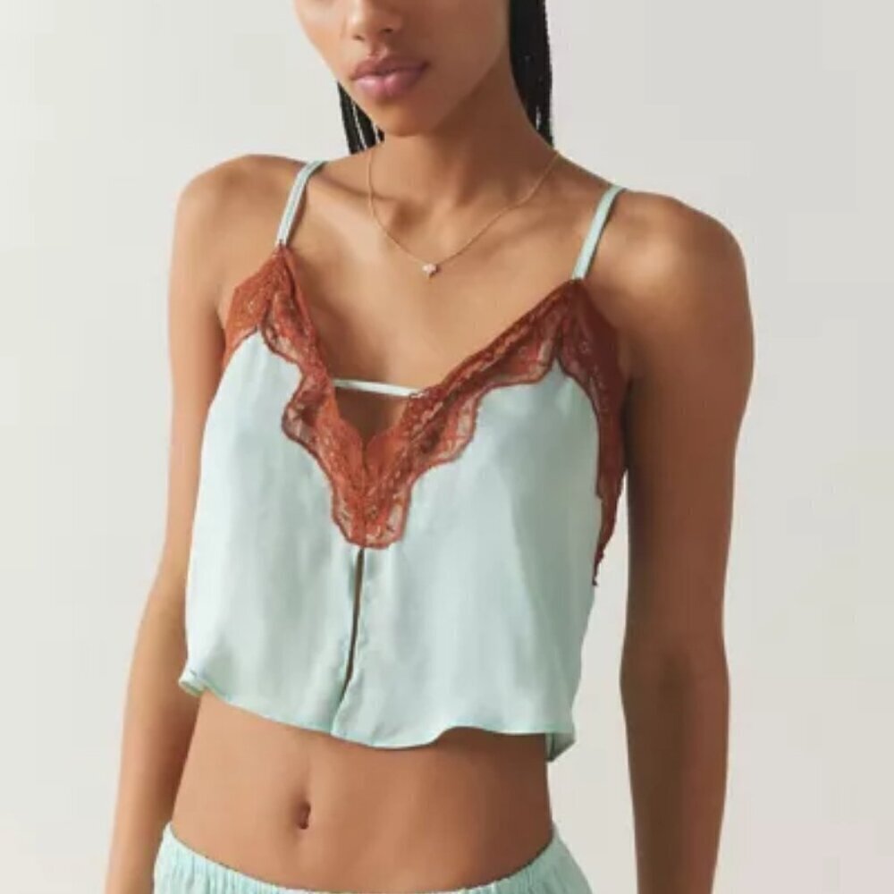 NWT UO Out From Under Juliette Lacy Teal Satin Cami